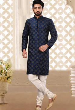 Embroidered Dupion Silk Kurta in Navy Blue