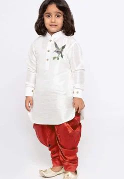 Embroidered Dupion Silk Kurta Set in White