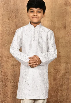 Embroidered Dupion Silk Kurta in Off White