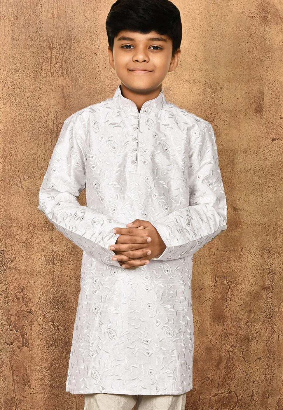 Embroidered Dupion Silk Kurta in Off White