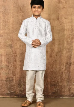 Embroidered Dupion Silk Kurta in Off White