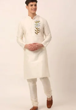 Embroidered Dupion Silk Kurta Set in Cream