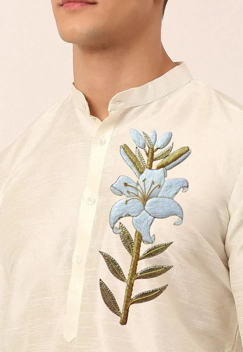 Embroidered Dupion Silk Kurta Set in Cream
