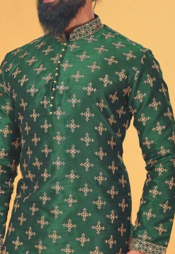 Embroidered Dupion Silk Kurta Set in Dark Green