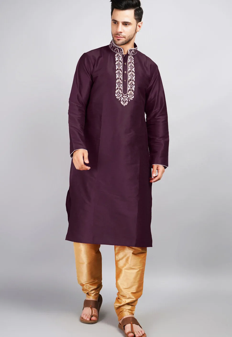 Embroidered Dupion Silk Kurta Set in Violet