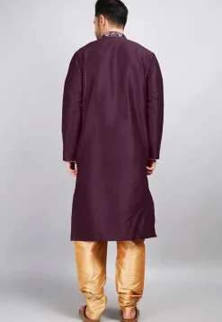 Embroidered Dupion Silk Kurta Set in Violet