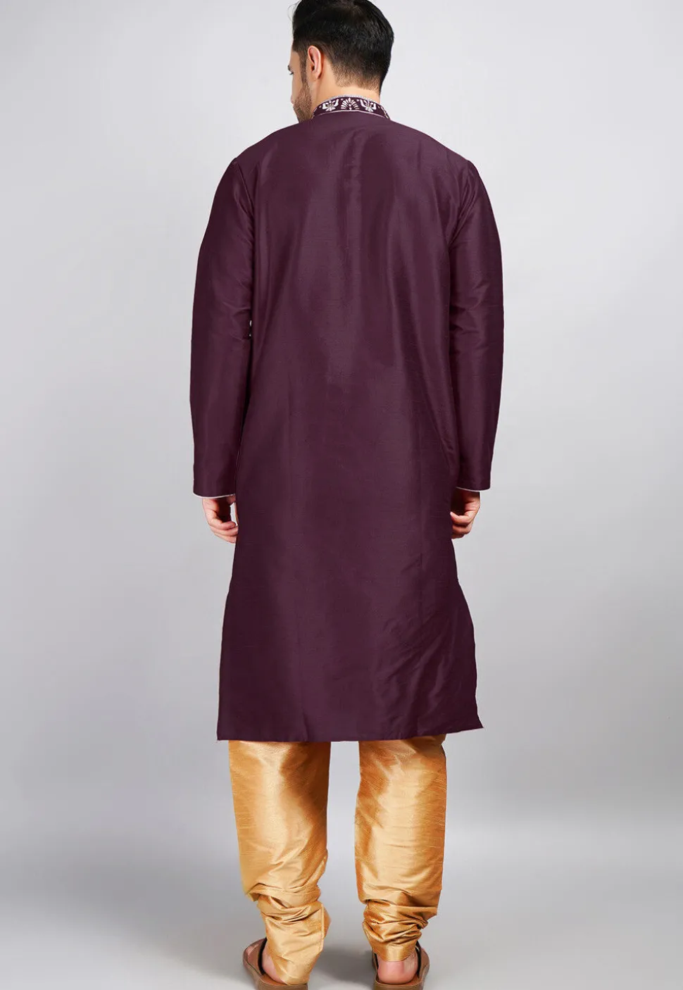 Embroidered Dupion Silk Kurta Set in Violet
