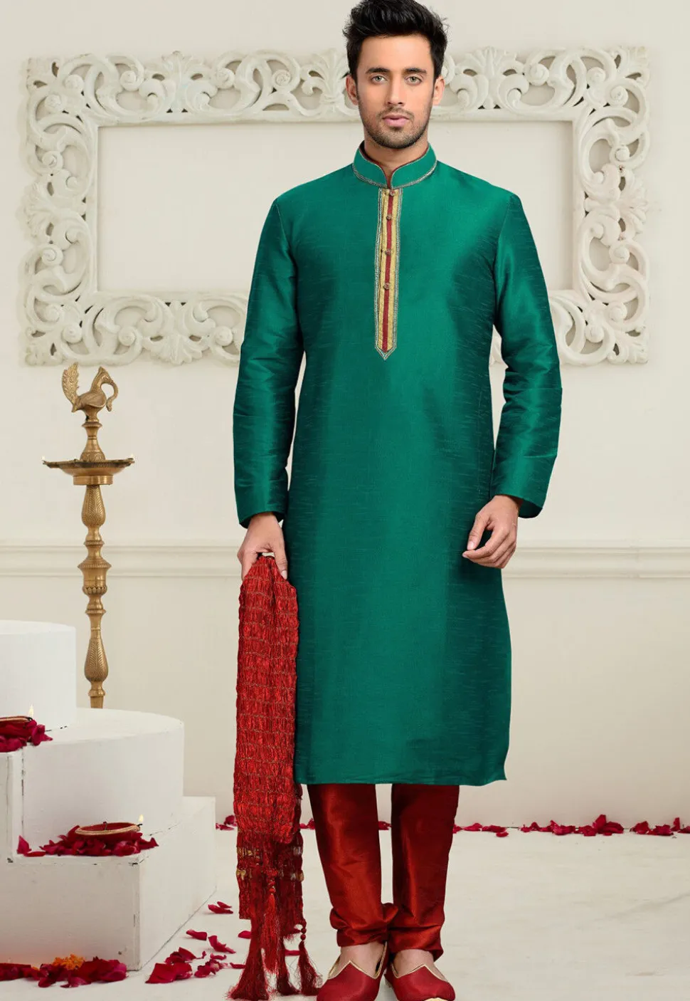 Embroidered Dupion Silk Kurta Set in Teal Green
