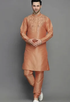 Embroidered Dupion Silk Kurta Set in Light Orange