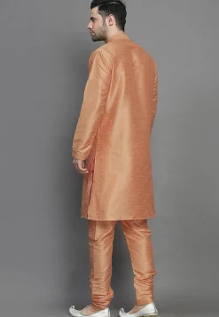 Embroidered Dupion Silk Kurta Set in Light Orange