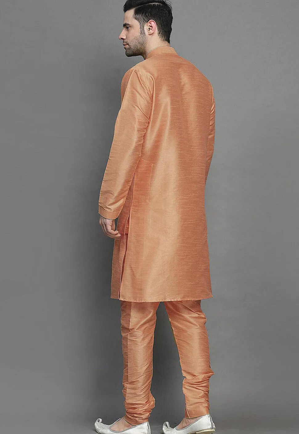 Embroidered Dupion Silk Kurta Set in Light Orange