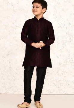 Embroidered Dupion Silk Kurta Set in Wine