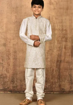 Embroidered Dupion Silk Kurta Set in Cream