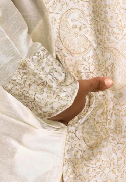 Embroidered Dupion Silk Kurta Set in Cream