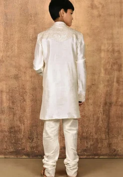 Embroidered Dupion Silk Kurta Set in Cream