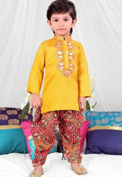 Embroidered Dupion Silk Kurta Set in Yellow