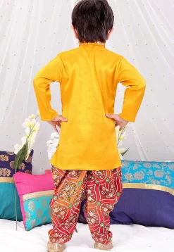 Embroidered Dupion Silk Kurta Set in Yellow