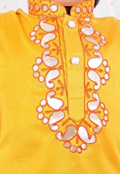 Embroidered Dupion Silk Kurta Set in Yellow
