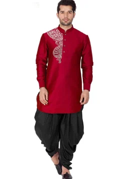 Embroidered Dupion Silk Kurta Set in Maroon