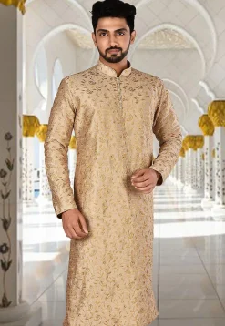 Embroidered Dupion Silk Kurta in Beige