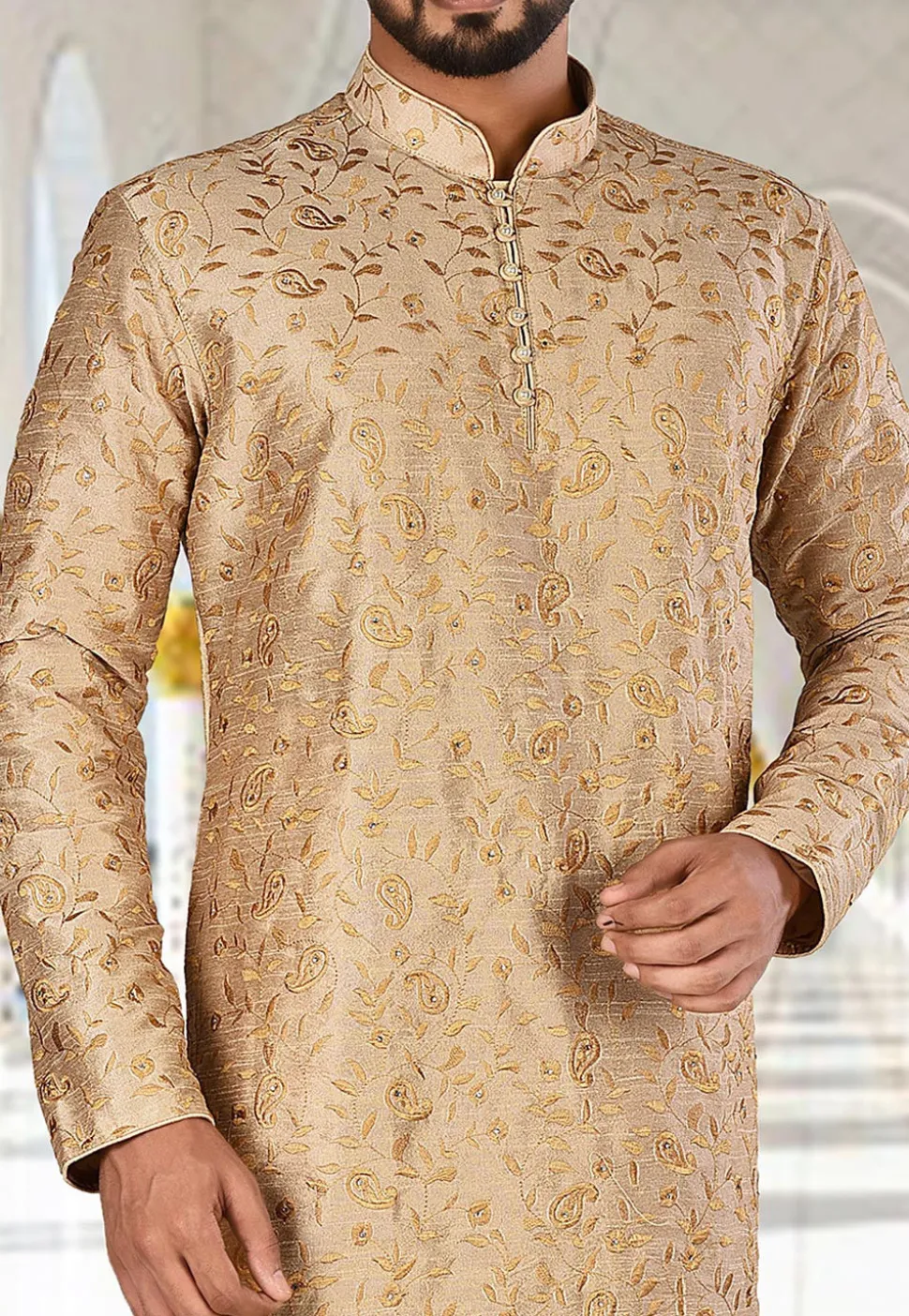 Embroidered Dupion Silk Kurta in Beige