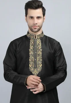 Embroidered Dupion Silk Kurta in Black