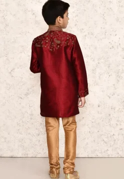 Embroidered Dupion Silk Kurta Set in Maroon