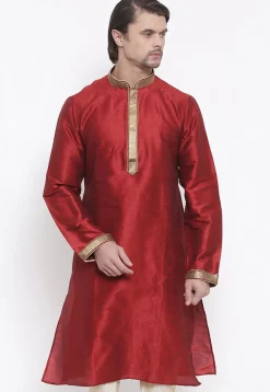 Embroidered Dupion Silk Kurta in Maroon
