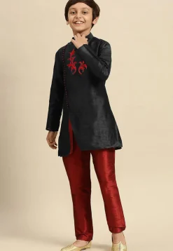 Embroidered Dupion Silk Kurta in Black