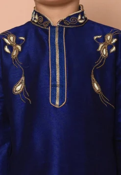Embroidered Dupion Silk Kurta Set in Navy Blue