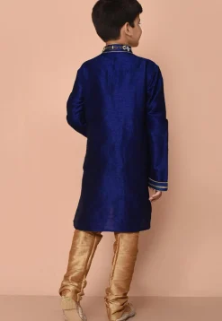Embroidered Dupion Silk Kurta Set in Navy Blue