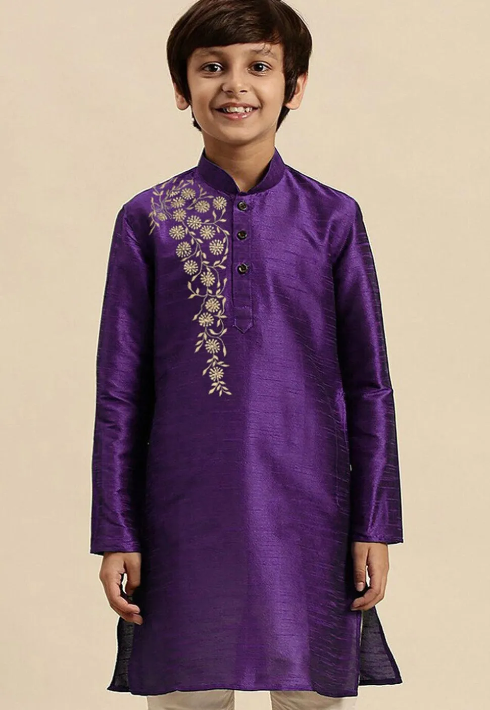 Embroidered Dupion Silk Kurta in Dark Purple