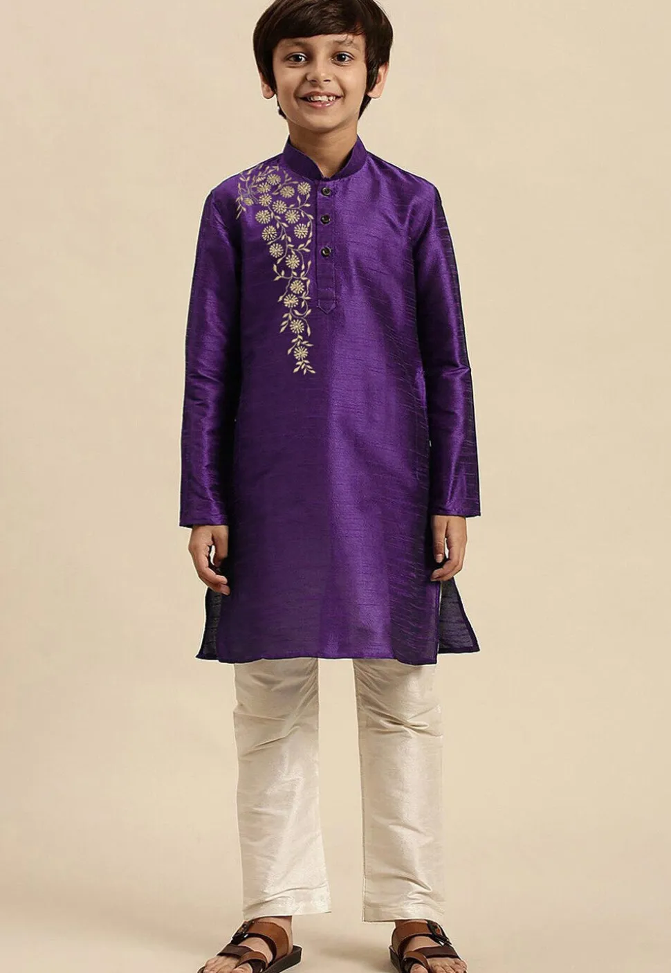 Embroidered Dupion Silk Kurta in Dark Purple