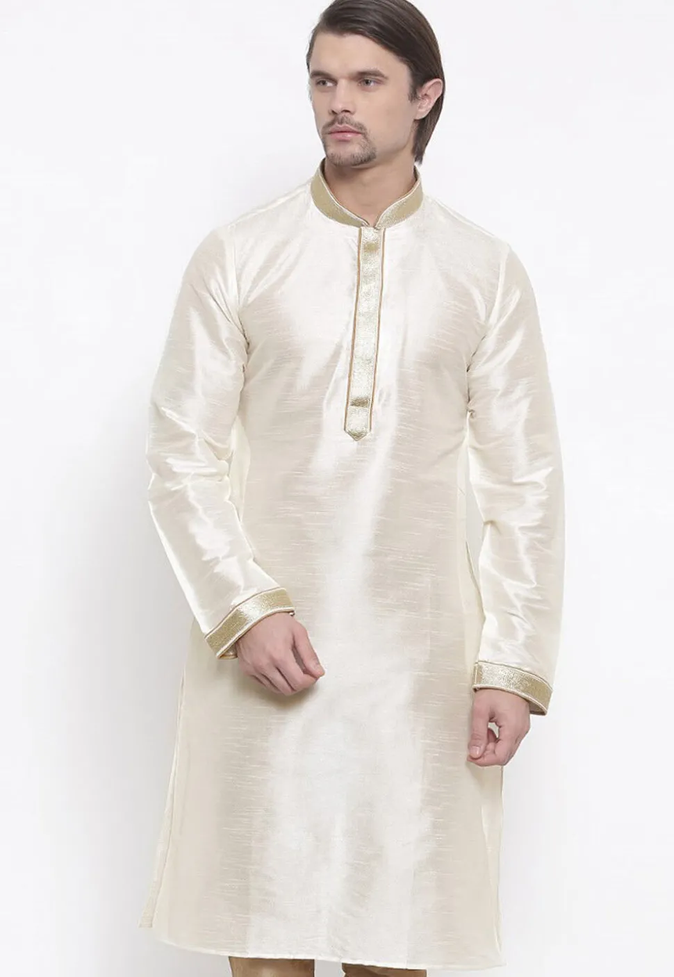 Embroidered Dupion Silk Kurta in White