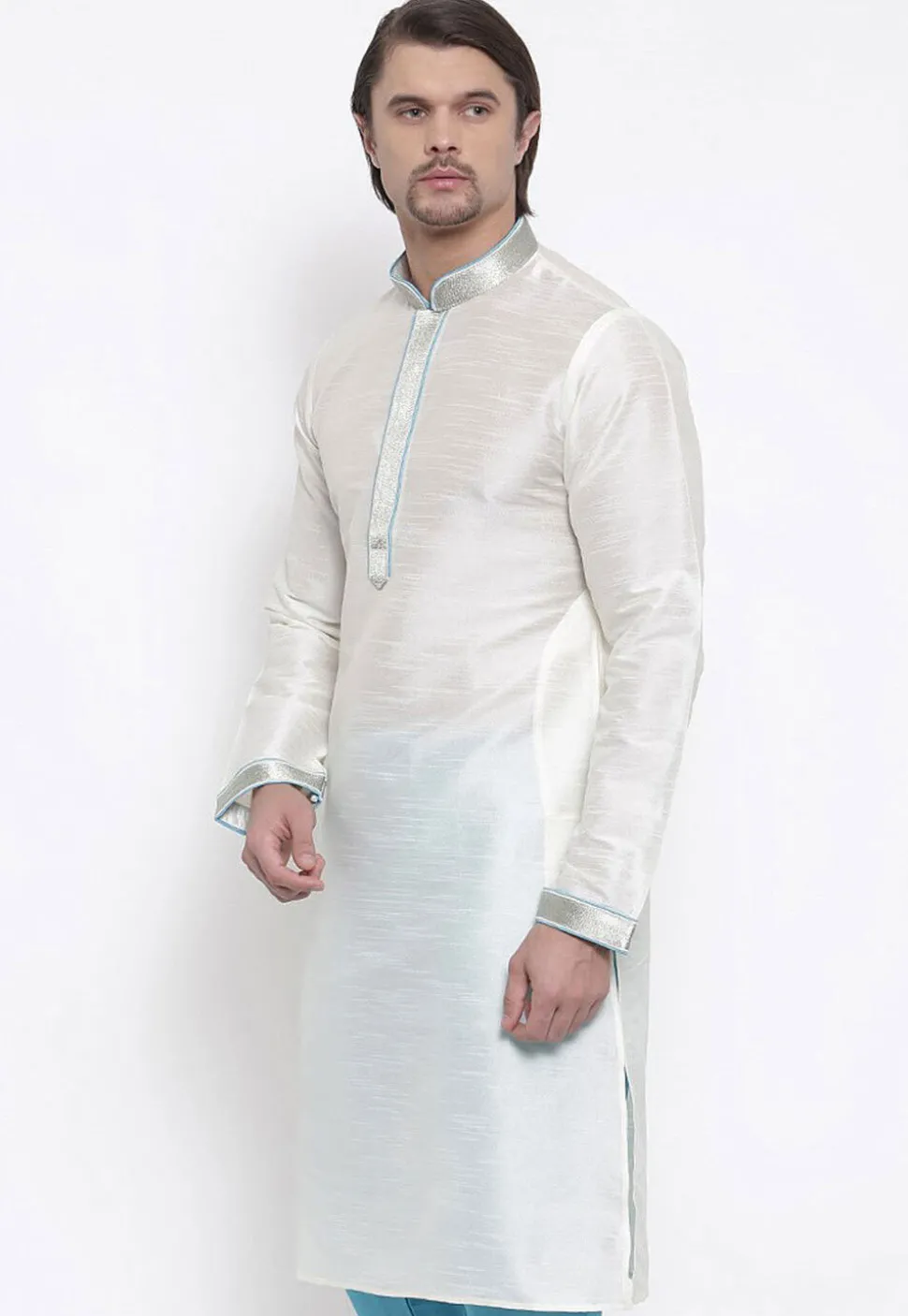 Embroidered Dupion Silk Kurta in White