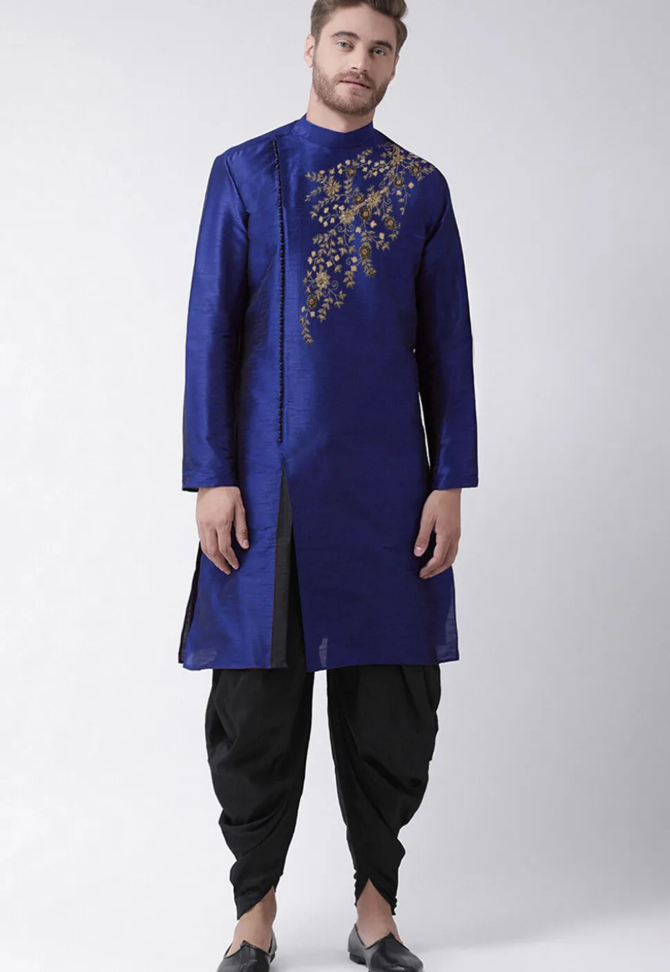 Embroidered Dupion Silk Kurta Set in Royal Blue