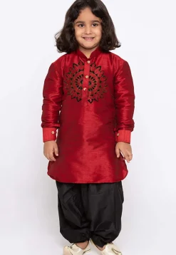 Embroidered Dupion Silk Kurta Set in Maroon