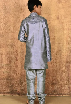 Embroidered Dupion Silk Kurta Set in Grey