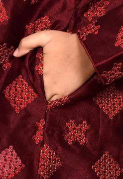 Embroidered Dupion Silk Kurta Set in Maroon