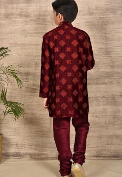 Embroidered Dupion Silk Kurta Set in Maroon