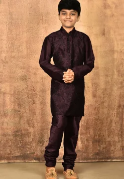 Embroidered Dupion Silk Kurta Set in Wine