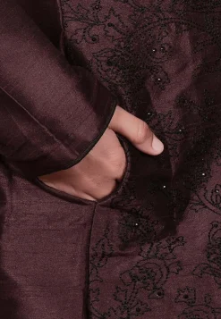 Embroidered Dupion Silk Kurta Set in Wine