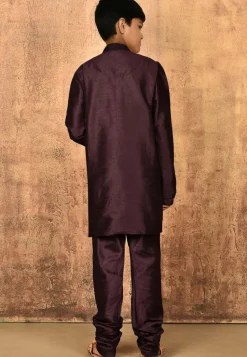 Embroidered Dupion Silk Kurta Set in Wine
