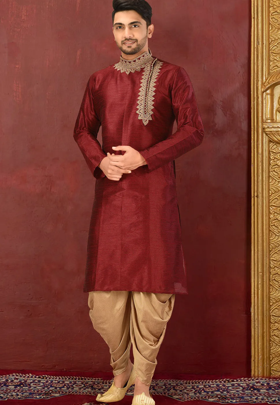 Embroidered Dupion Silk Kurta Set in Maroon