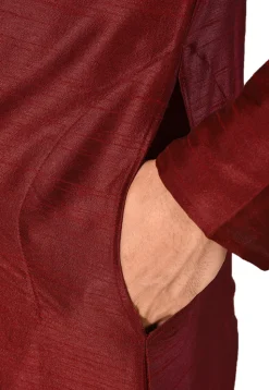 Embroidered Dupion Silk Kurta Set in Maroon