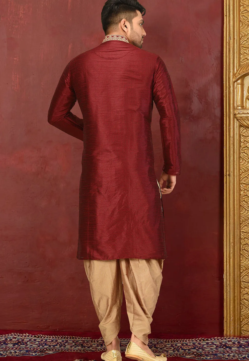 Embroidered Dupion Silk Kurta Set in Maroon