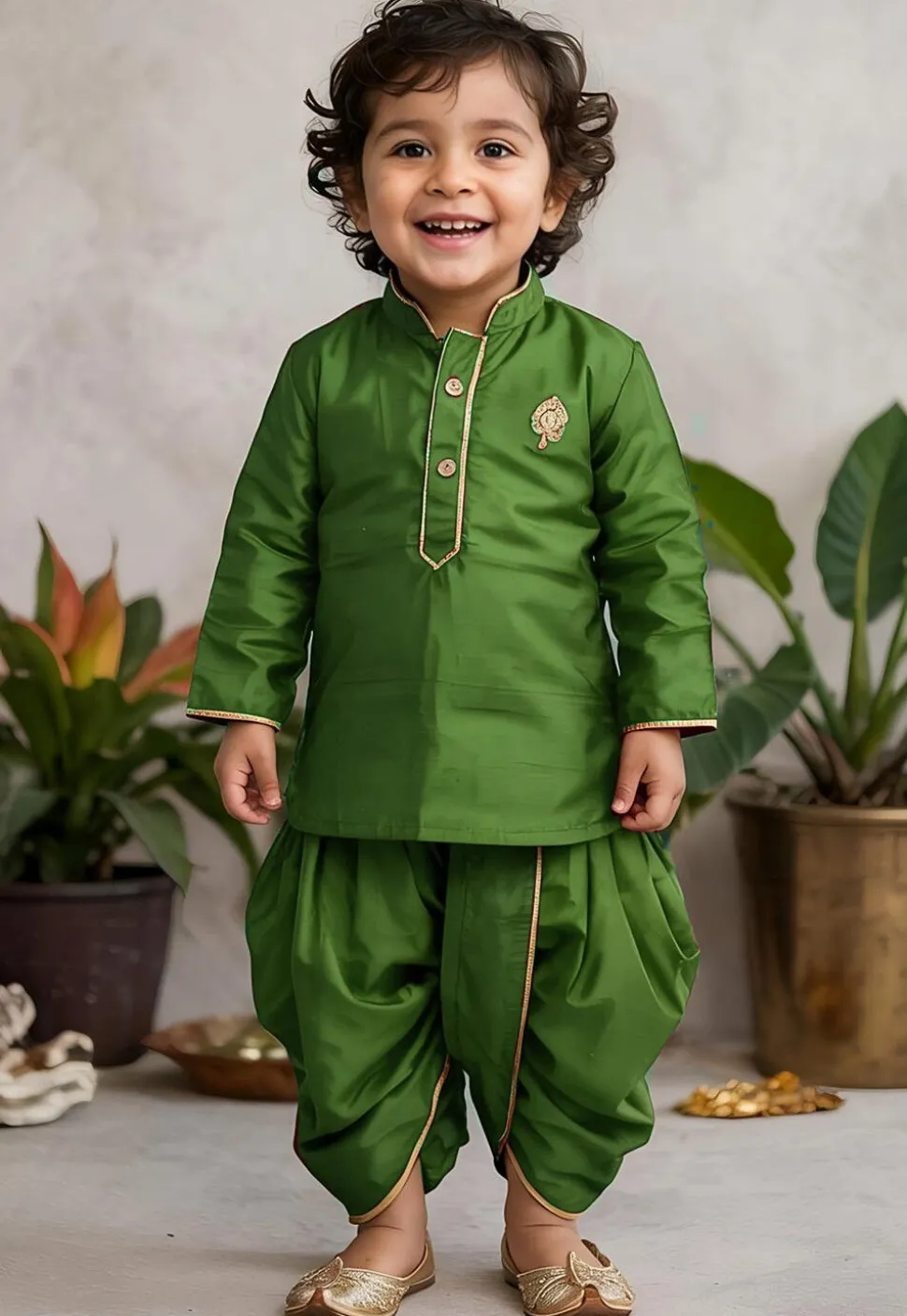 Embroidered Dupion Silk Kurta Set in Green