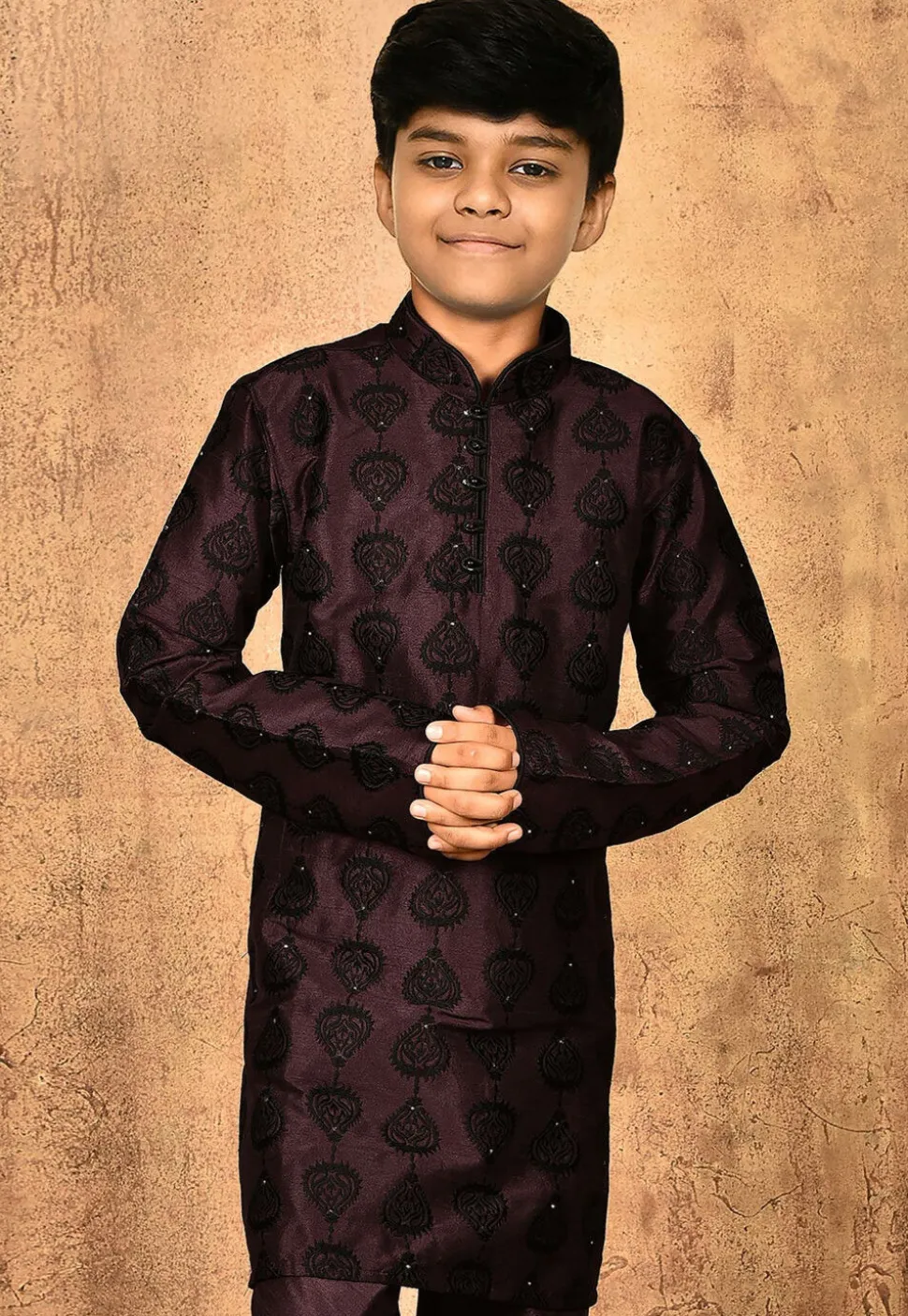 Embroidered Dupion Silk Kurta in Wine