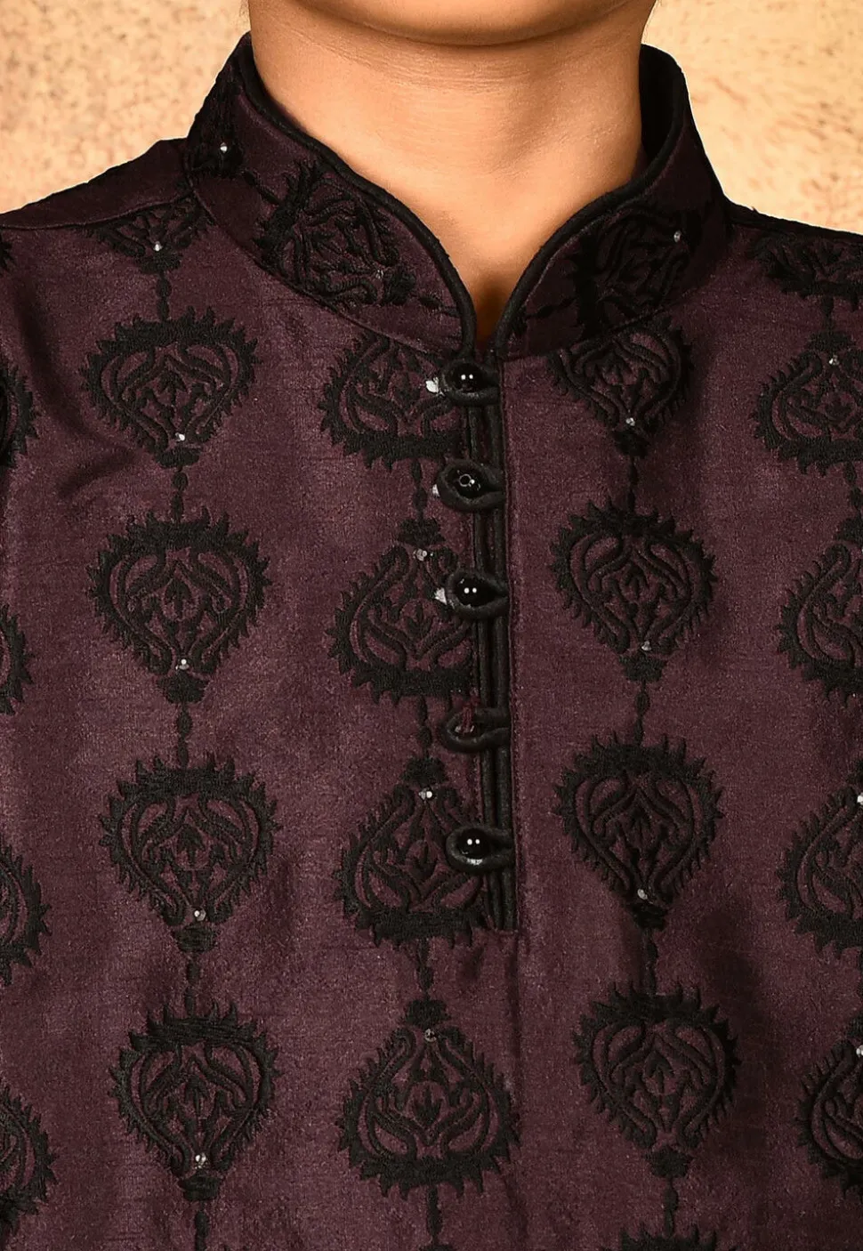 Embroidered Dupion Silk Kurta in Wine