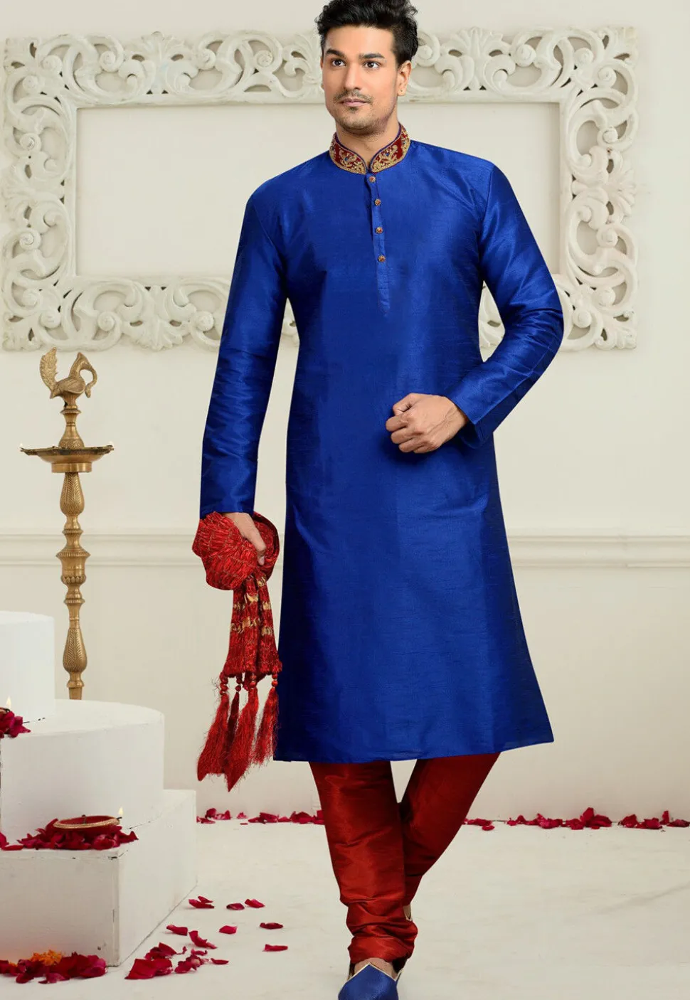 Embroidered Dupion Silk Kurta Set in Royal Blue